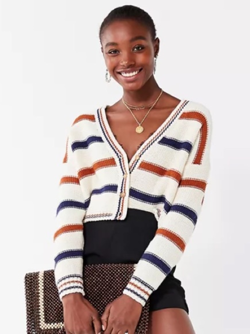 🧶 Urban Outfitters UO Aiden Striped Button-Down Cardigan S Cream Navy Rust